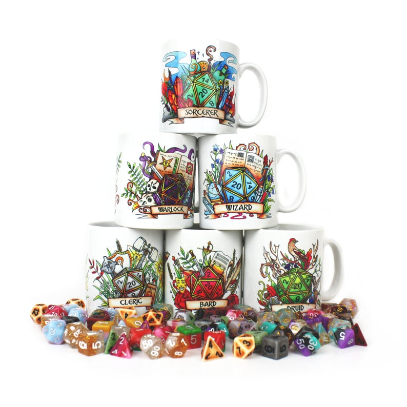 Dungeons and Dragons D20 Class themed mugs